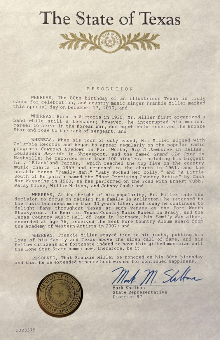 Texas resolution honoring Frankie Miller